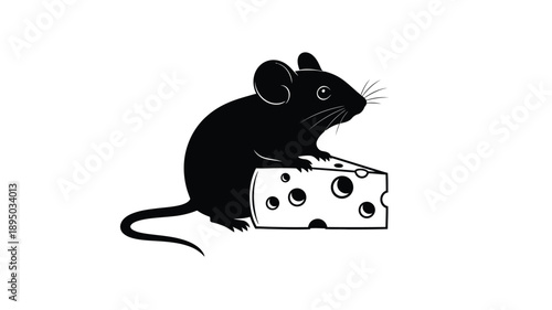 a black mouse silhouette holds a piece of swiss cheese against a white background