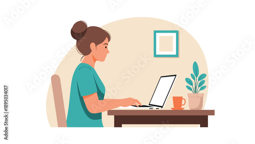 Woman working on laptop at home office with minimalist decor