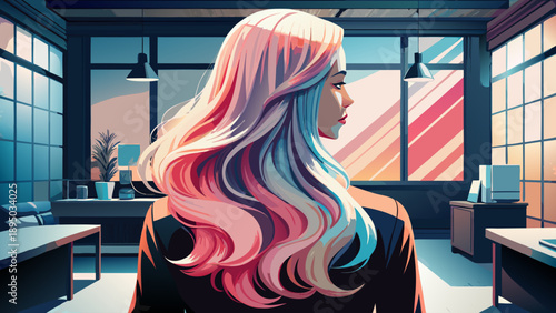 Very beautiful close-up back view of a woman with pastel peach hair color blended with blonde highlights and soft pink ombre, photographed in a modern salon, showcasing creative hair coloring trends.
