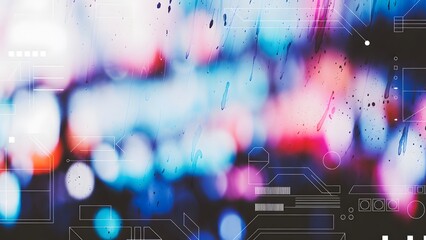 A vibrant abstract background showcases defocused and blurred bokeh lights in red, blue, and purple, overlaid with futuristic circuit board patterns and geometric data elements.