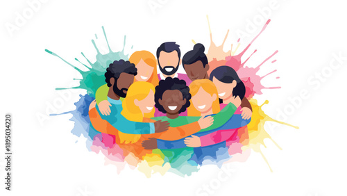 Diverse group hug with vibrant watercolor splash background