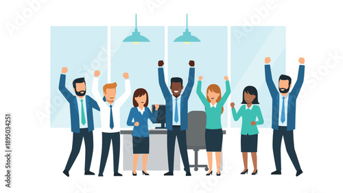 Team celebration in office with diverse professionals and modern workspace