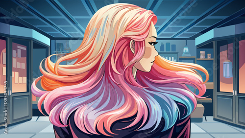Very beautiful close-up back view of a woman with pastel peach hair color blended with blonde highlights and soft pink ombre, photographed in a modern salon, showcasing creative hair coloring trends.