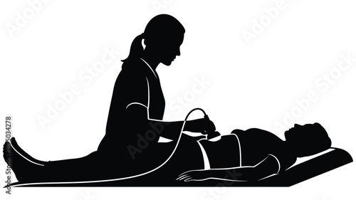 a medical professional performing an ultrasound examination on a patient silhouette