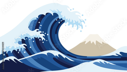 Dynamic ocean wave and mountain under blue sky with japanese art style