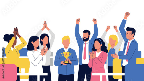 Celebrated team success with trophy and applause in modern office setting