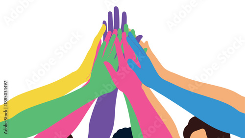 Colorful hands reaching together in unity and teamwork concept