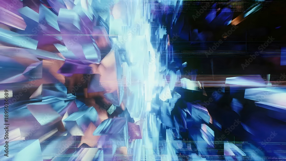 Fototapeta premium A vibrant and dynamic abstract background features a central explosion of glowing light shattering into numerous blue and purple technological fragments.