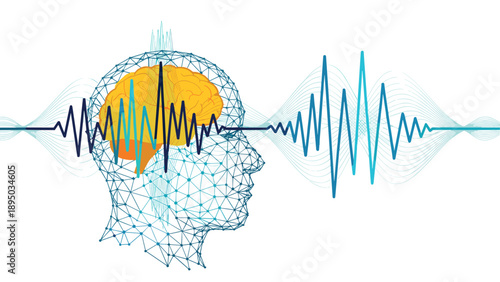 Wireframe human brain with electroencephalogram waves and neural connections