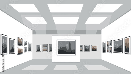 Minimalist art gallery interior with framed paintings and geometric architecture in monochrome palette