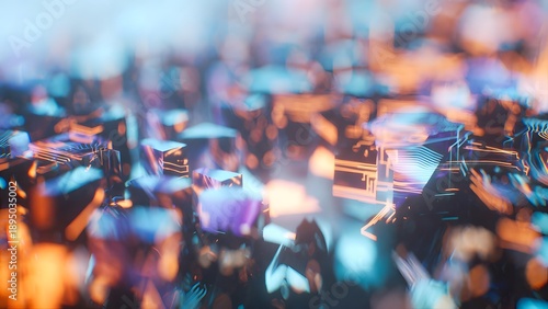 A dynamic abstract background with glowing, fragmented geometric shapes and blurred circuit elements symbolizes complex digital infrastructure and data flow.