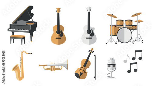 Musical instrument collection: piano, guitar, drums, saxophone, trumpet, violin, microphone