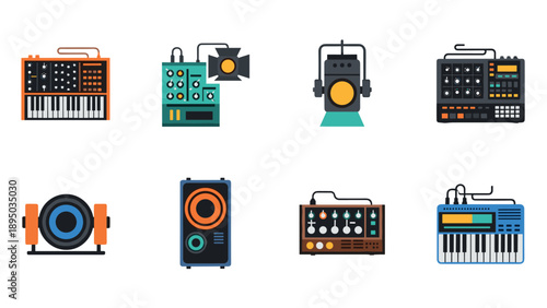 Retro music equipment icons set featuring synthesizer, mixer, and drum machine
