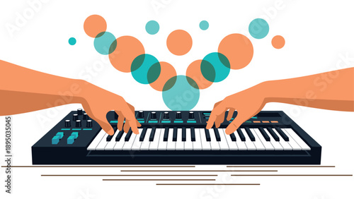 Hands playing synthesizer with colorful musical notes in minimalist design