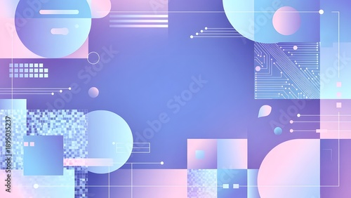 A vibrant composition of geometric shapes and digital lines in gradients of purple, pink, and blue creates a sophisticated abstract background with clear copy space.