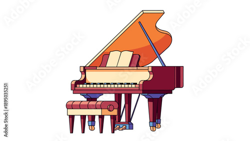 Colorful isometric grand piano design with bench and score