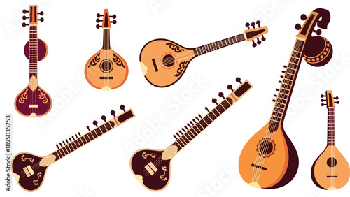 Collection of traditional string instruments in flat art style