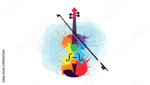 Colorful abstract violin with paint splashes expressing vibrant musical creativity