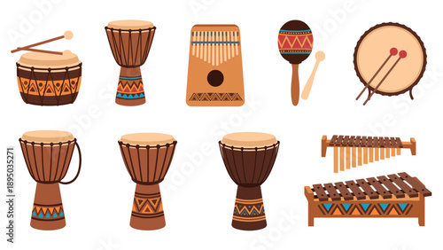 Colorful percussion instruments set featuring drums, maracas, and xylophone