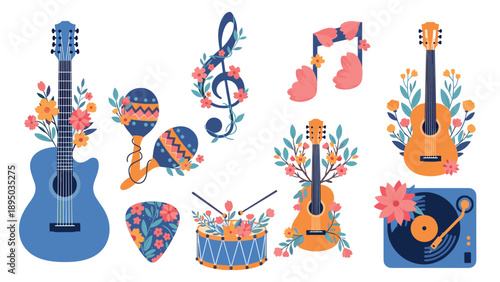 Floral musical instruments with fresh spring blooms and creative decorative elements