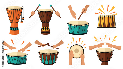 Colorful percussion drums and hands playing rhythmically in flat style