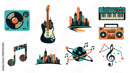 Retro music and cityscape elements with vintage instruments and urban vibes