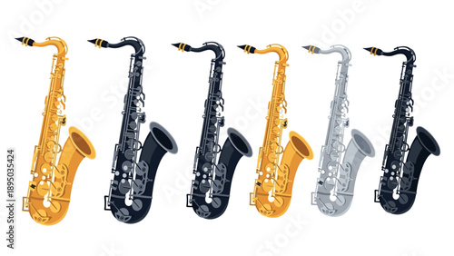 Music collection of colorful saxophones in flat style for creative projects