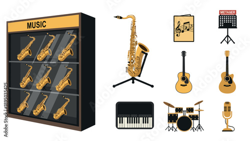Music instruments collection featuring saxophones, guitars, and drums in flat design