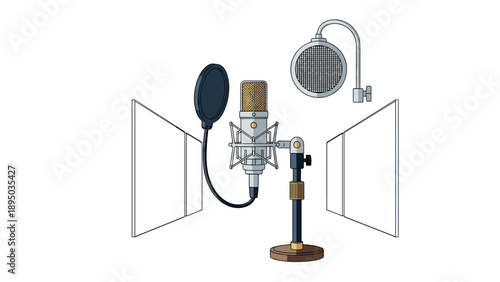 Professional recording studio setup with microphone and pop filters
