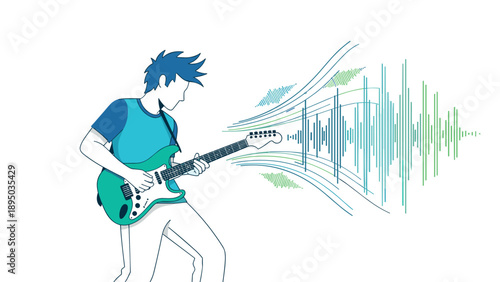 Dynamic guitarist with sound waves in minimalist style