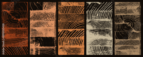 Golden template with wood annual rings texture. Luxury stamp of tree trunk in section. Background with shiny tree ring pattern. Wooden concentric circles. Vector black, bronze, gold background.