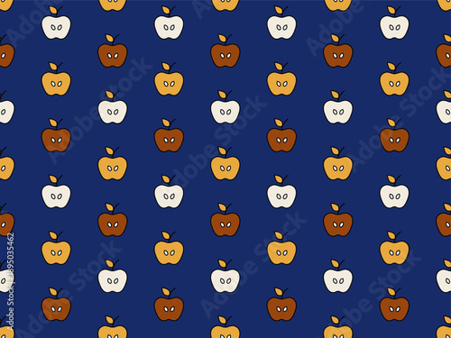 Cute apple icons on white background. Seamless pattern with geometric fruits. Cute summer food background drawn with apples, kid vector illustration