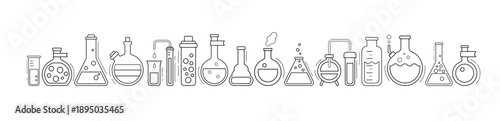 Science laboratory, school chemistry banner with with white background. Medical, chemical or biology lab, school education concept with tubes and flasks, vector illustration