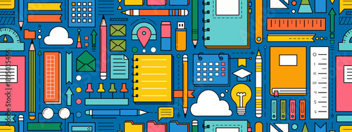 Back to school seamless pattern with study supplies and office stationery. Geometric poster of education and work concept with icons of pen, pencil, book, notebook, calendar and folders, vector illust