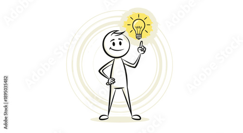 Stick figure man with a lightbulb idea on white background with yellow glow