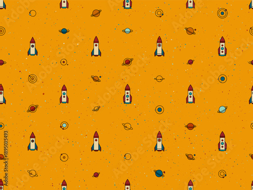 Space seamless pattern with planets, moons and rockets. Abstract cosmic background, celestial pattern with cute planets with orbits and satellites, vector illustration. Cosmos icons with spaceship and