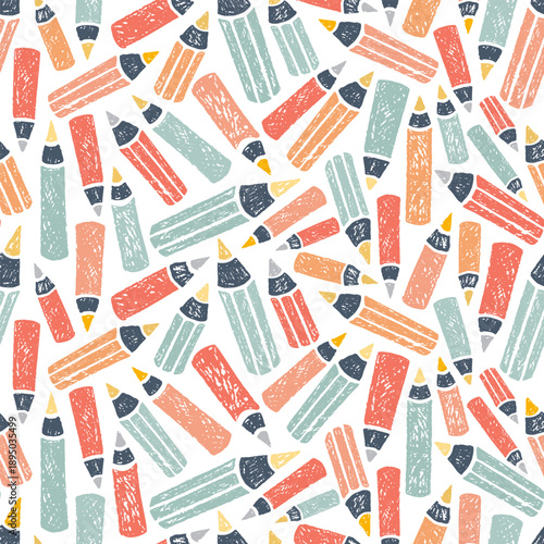 Pencils pattern with charcoal texture. School seamless pattern of doodle stationery for write. Sketch crayon background of kids education concept with pencils, vector hand drawn illustration