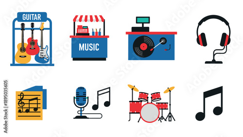 Colorful music icons set featuring guitar, vinyl, and drums