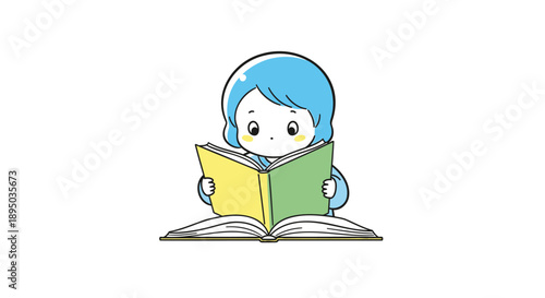 Cute cartoon child reading book with blue hair and colorful pages
