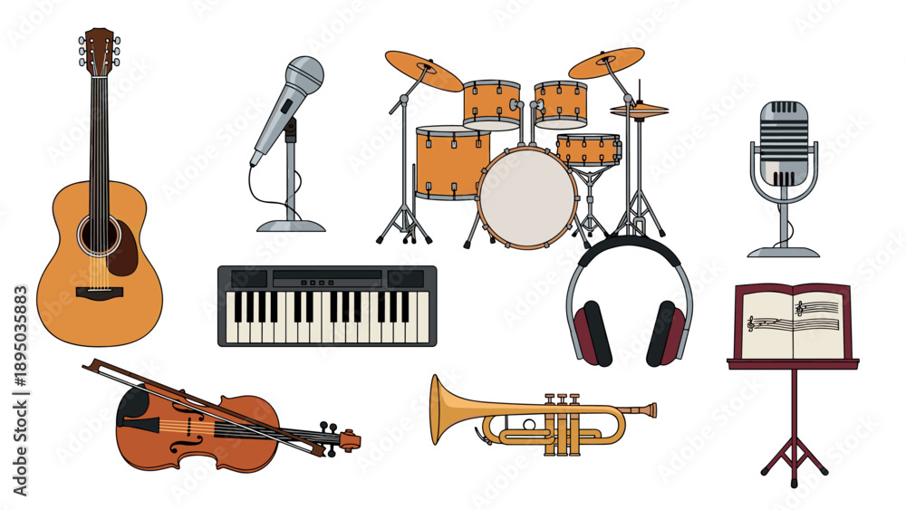 Obraz premium Musical instruments set with drum kit, guitar, and microphones in flat style