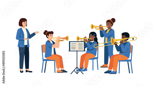 School band playing trumpets with teacher in music class setting