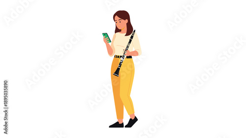 Young woman with clarinet checking smartphone in casual outfit