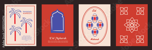 Ramadan Kareem, Eid Mubarak, Eid al Adha, Eid al Fitr set illustration. Islamic ornament, lantern, text, frame, typography, minimal background for banner, cover, greeting card, poster, social media.