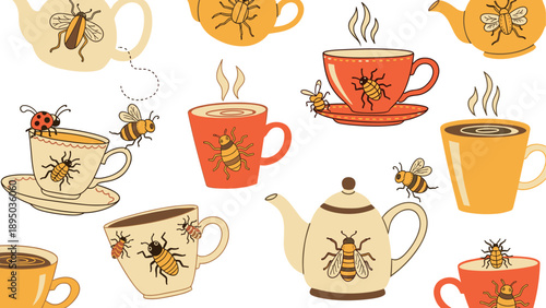 Charming tea and coffee cups with bees and insects in a playful pattern