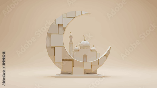 A serene 3D rendering depicts a mosque within a crescent moon shape symbolizing spirituality and peace