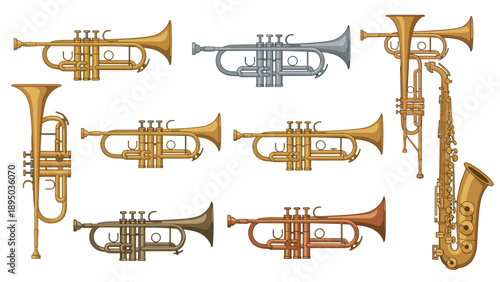 Colorful brass instruments collection featuring trumpets and saxophone