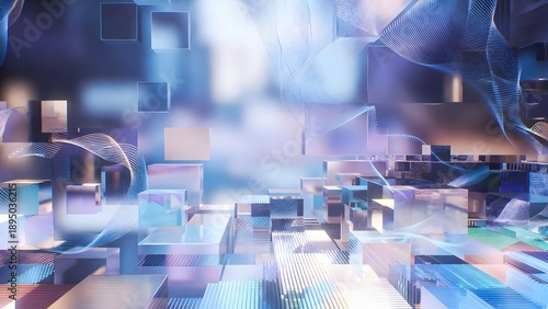 An advanced abstract background presents a futuristic digital cityscape or landscape composed of various cuboid and rectangular blocks, accentuated by flowing particle waves.