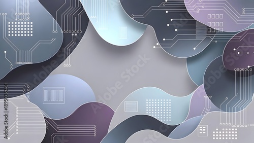 A sophisticated abstract background showcases layered, wavy organic shapes in muted purple, blue, and gray tones, intricately integrated with modern circuit board patterns.