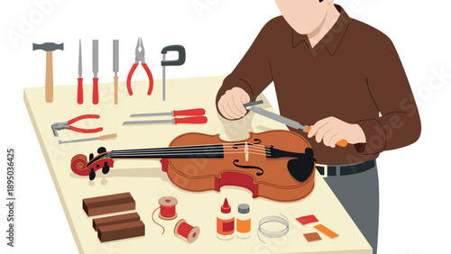 Craftsman adjusting violin strings at workshop table with tools