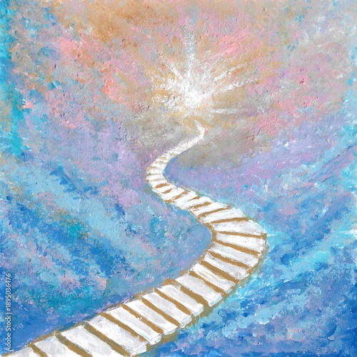 Acrylic painting nature background of colorful sky with light, blue clouds and staircase. illustration for heaven or heavenly sky concept. copy space for text. Impressionism texture style on paper.